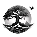 poison tree with a wave and a bird flying away tattoo design idea