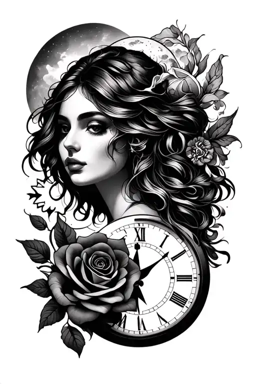 sun, moon, ocean, mountain, clock, compass, Gemini sign, small rose, sexy lady face tattoo design idea