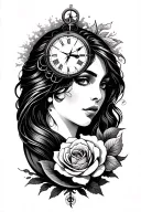 sun, moon, ocean, mountain, clock, compass, Gemini sign, small rose, sexy lady face tattoo design idea