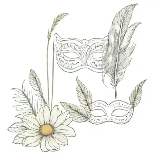 chamomile and feather on the background of two masks tattoo design idea
