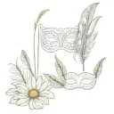 chamomile and feather on the background of two masks tattoo design idea