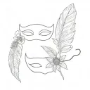 chamomile and feather on the background of two masks tattoo design idea