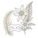 chamomile and feather on the background of two masks tattoo design idea