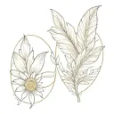 chamomile and feather on the background of two masks tattoo design idea