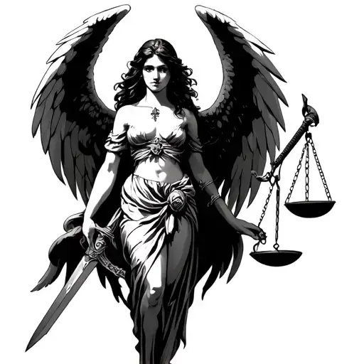 Female angel with 4 wings. Sword in one hand and judgement scale in the other  tattoo design idea