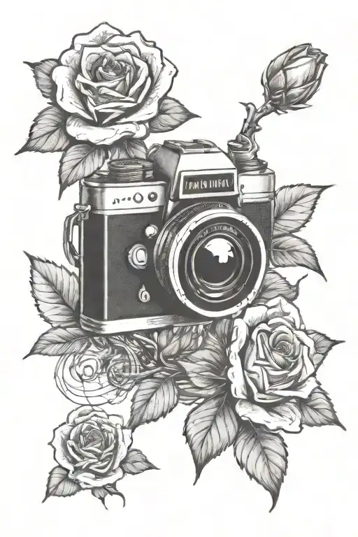 skull roses and camera lens transforming tattoo design idea