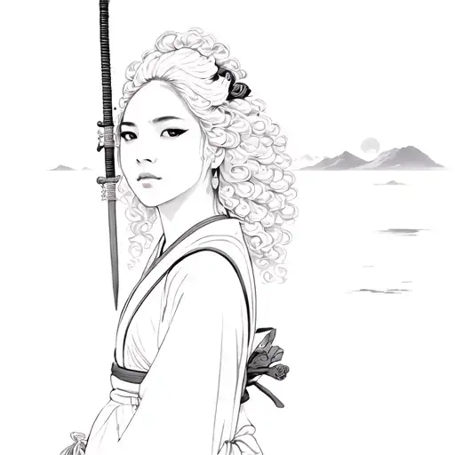 a samurai woman with curly hair posing in front of a sunset  tattoo design idea