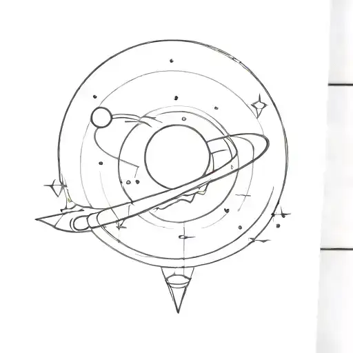 space theme, planets and stars, space ship flying through the middle, concentric circles tattoo design idea
