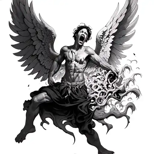 arch angel fighting emotional pain and screaming with 13 open wounds  tattoo design idea