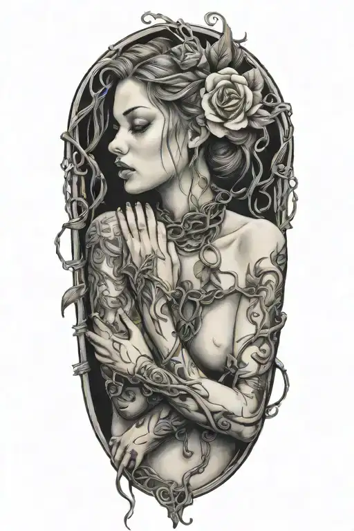 Naked girl, intertwined roots growing from chains on wrist, roses with sharp vines tattoo design idea