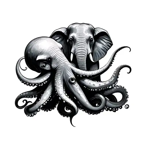 octopus and an elephant holding tattoo design idea