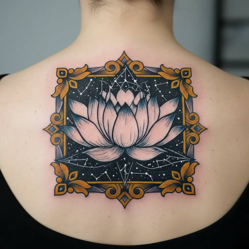 A lotus flower intertwined with a constellation pattern symbolizing sobriety and wellness tattoo design idea