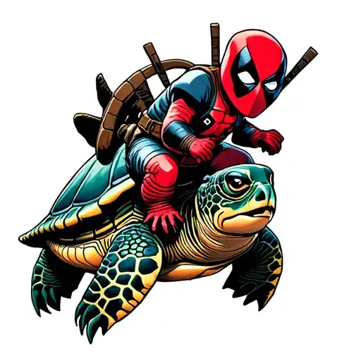 baby deadpool riding on sea turtle tattoo design idea
