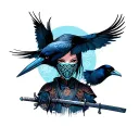 Crows, girl Samurai Cyberpank, Mask on her face tattoo design idea