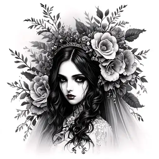 beautiful gothic, scorned, heart broken, bride portrait , floral background,  tattoo design idea