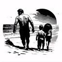 dad and two sons walking on the beach tattoo design idea