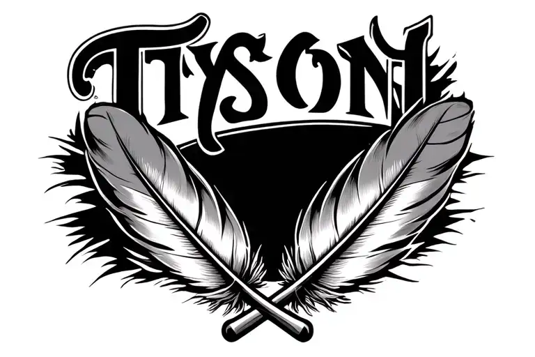 2 feathers crossed with the word Tyson above them tattoo design idea