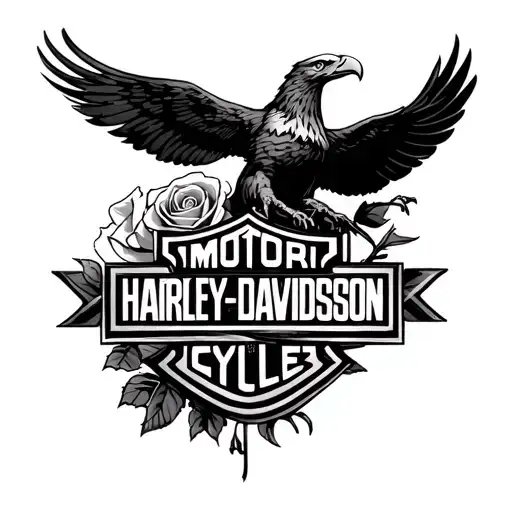 a black realistic shaded Harley Davidson logo with soft  shaded a rose and a beautiful realism eagle tattoo design idea