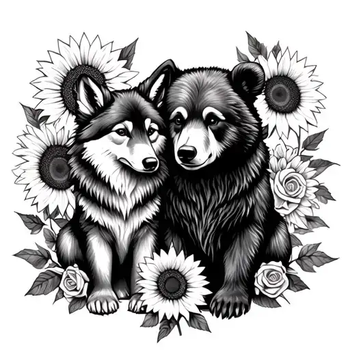  baby wolf and bear sitting with sunflowers and roses. black tattoo design idea