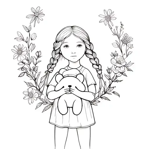 little girl with two braids holding a teddy surrounded by flowers tattoo design idea