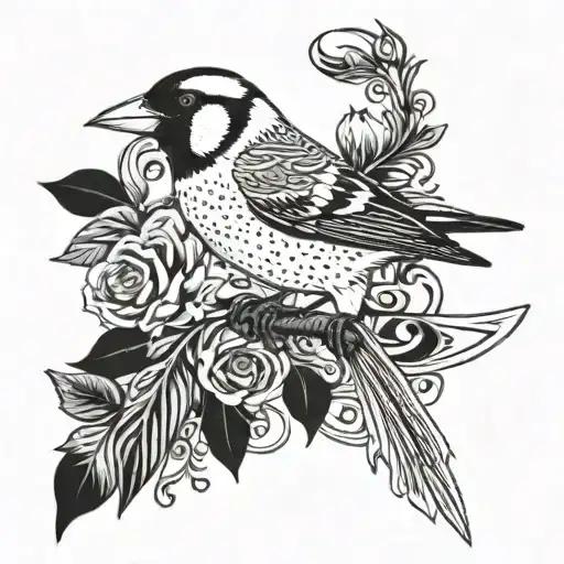 An intricate blackwork tattoo of a goldfinch perched on a cutthroat knife, with elements of jewellery incorporated into the design tattoo design idea