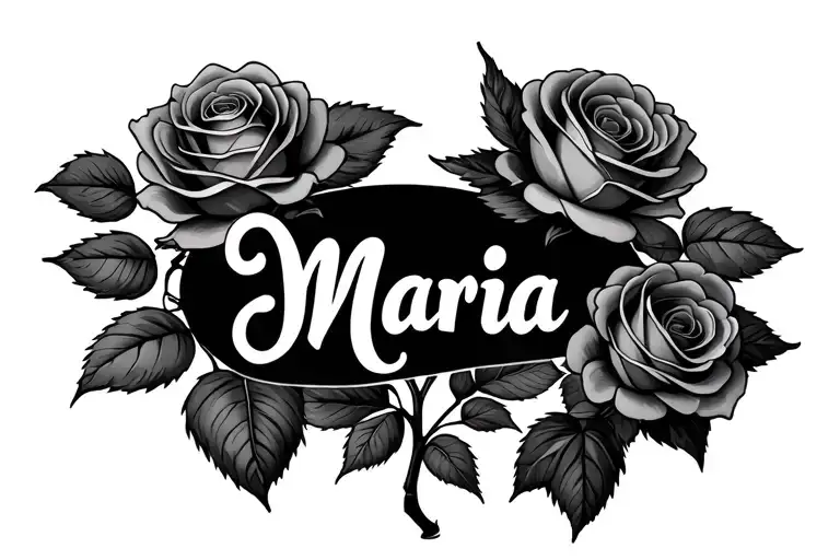the name "Maria" on a rose stem with roses growing tattoo design idea