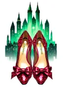  two sparkly ruby slippers cocked to the side with bows on toes of shoe with emerald city in background  tattoo design idea