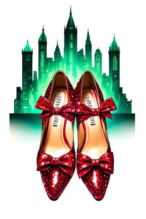  two sparkly ruby slippers cocked to the side with bows on toes of shoe with emerald city in background  tattoo design idea