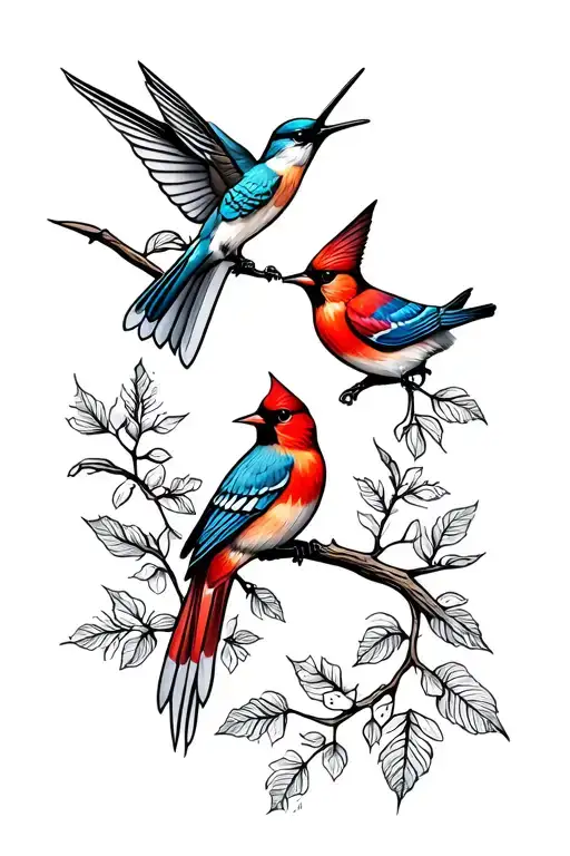 hummingbird, bluejay, and red cardinal tattoo design idea