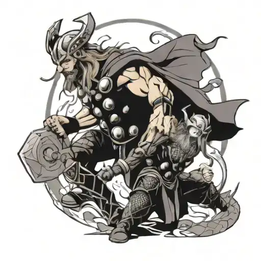 thor fighting midgardrsormr in norse style tattoo design idea