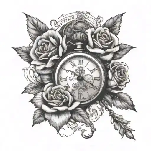 pocket watch with rose and Lucas name written inside tattoo design idea