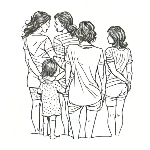 mother and two daughters and sons with their backs turned, I want you to do it tattoo design idea