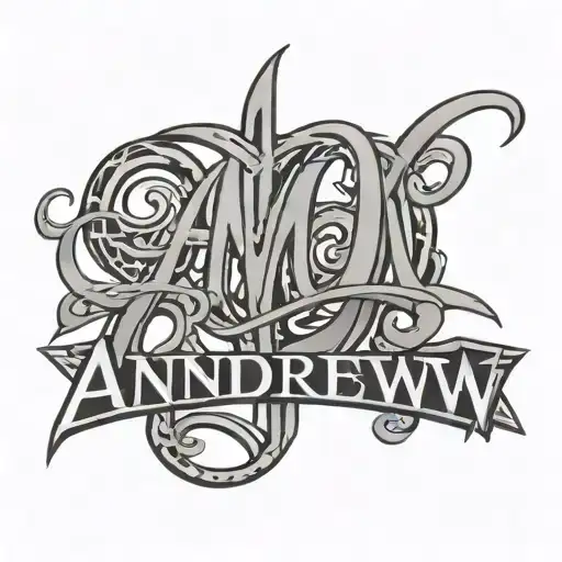 A tribal-inspired tattoo of the name Andrew in a bold and masculine font, reflecting the meaning of 'manly' tattoo design idea