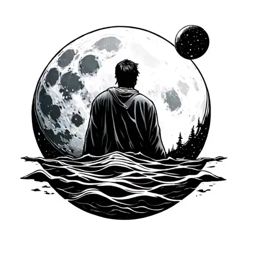 Character in the distance staring up at the moon with ripples in space like a void or black hole but wispy tattoo design idea