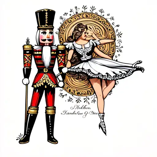 black and white badass tatted nutcracker with a shorter colorful ballerina leaning against nutcracker tattoo design idea