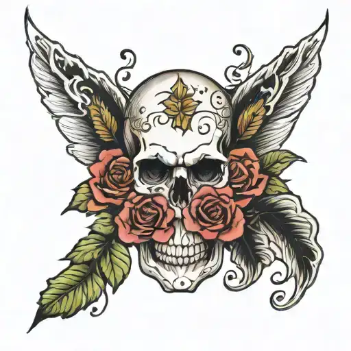skull with 4 falling leaves and 4 roses tattoo design idea