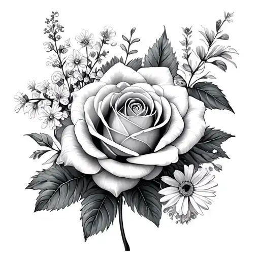 1 camellia, 1 heliotrope, 1 baby’s breath, 1 forget me not, 1 rose, 1 salvia, 1 daisy, 1 gladiolus,  1 edelweiss tattoo design idea