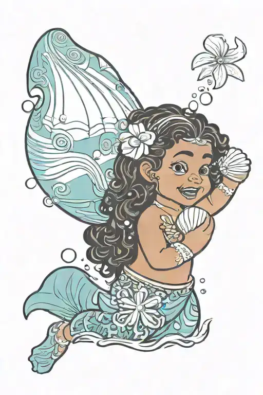 Disney baby Moana in the water holding a seashell tattoo design idea