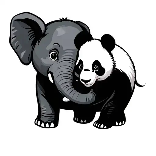 simple outline baby elephant with baby panda playing together tattoo design idea