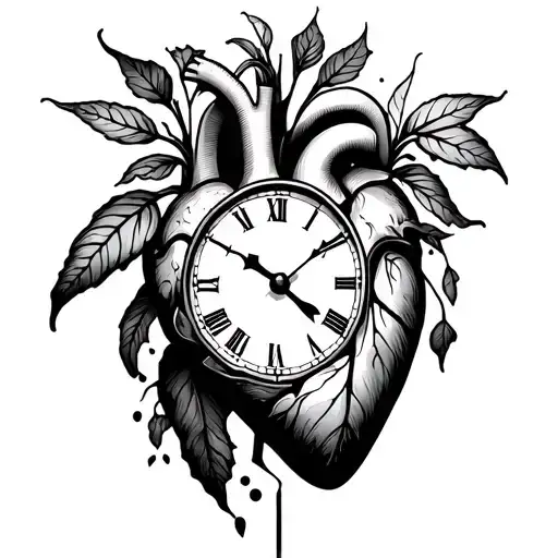 plants growing from a broken human heart and clock tattoo design idea