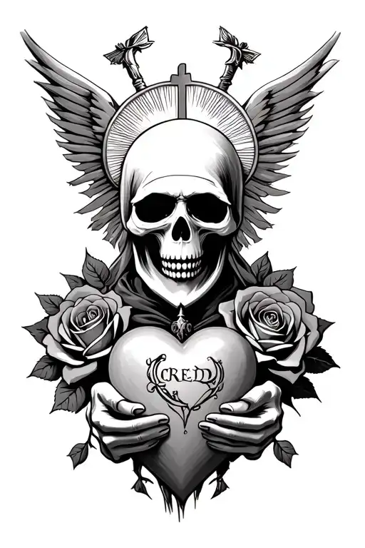 realistic grim reaper holding a Sacred Heart with Creed above it background with roses  tattoo design idea