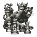 A black panther wearing a crown, surrounded by chess pieces, symbolizing power and strategy tattoo design idea