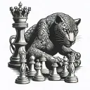 A black panther wearing a crown, surrounded by chess pieces, symbolizing power and strategy tattoo design idea