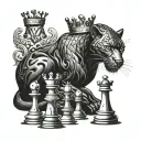A black panther wearing a crown, surrounded by chess pieces, symbolizing power and strategy tattoo design idea