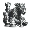 A black panther wearing a crown, surrounded by chess pieces, symbolizing power and strategy tattoo design idea