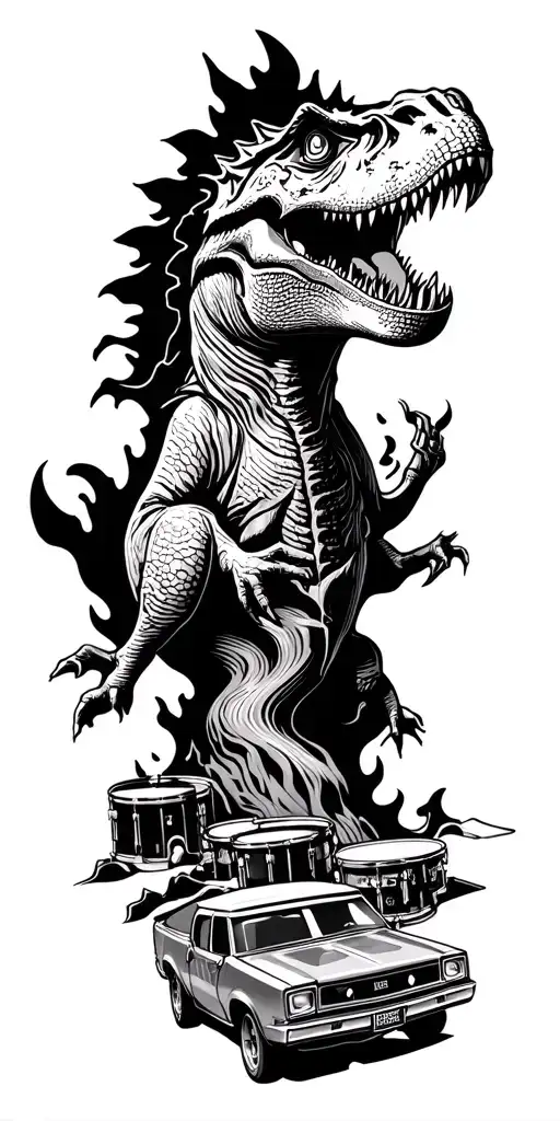 map with landmarks with road, mountains, trex fire truck, fast car drum set, cassette tape, book on fire, statue of libe tattoo design idea