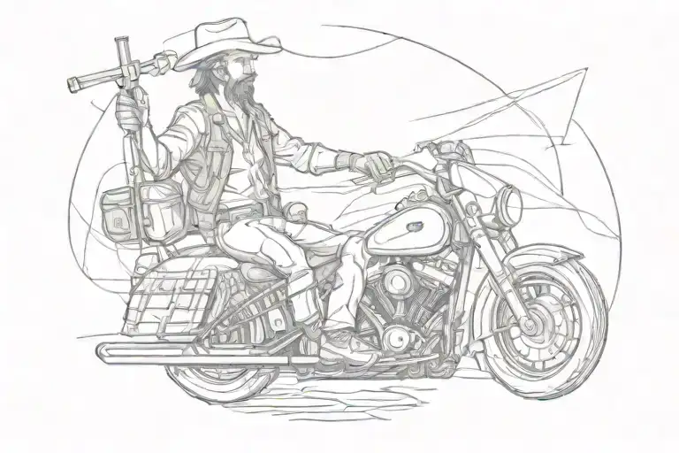 a man holding a plunger riding a Harley Davidson wearing a cowboy hat tattoo design idea