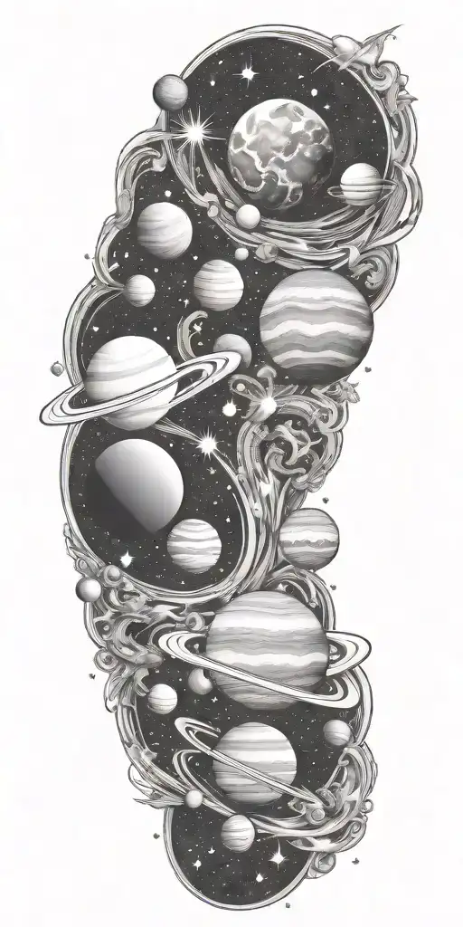 space tattoo with planets and stars shining tattoo design idea