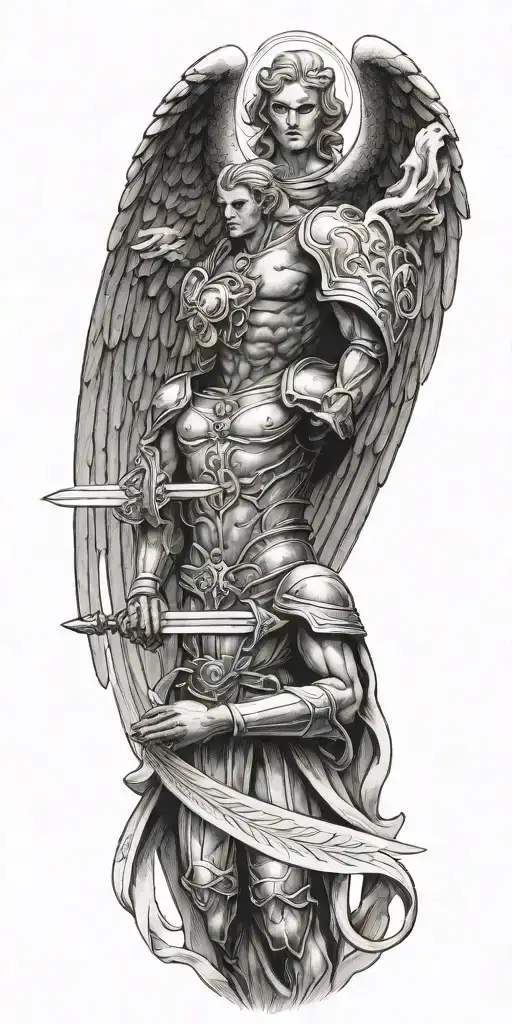 archangel holding sword with cross tattoo design idea