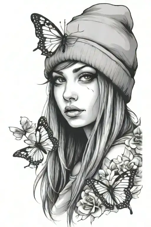 emo girl in a beanie with butterfly resting tattoo design idea